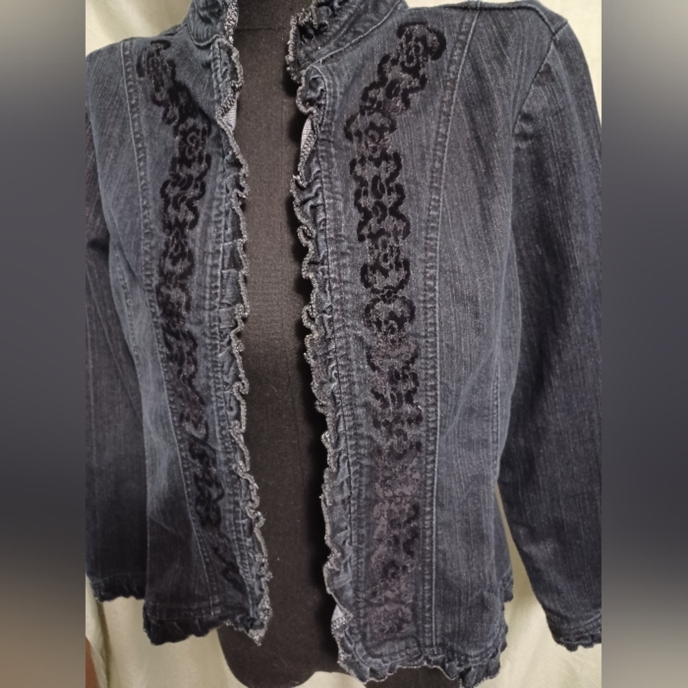 Petite Sophisticate Blue Denim Ruffle-Trim Jean Jacket Velvet Detail Design - Picture 2 of 14